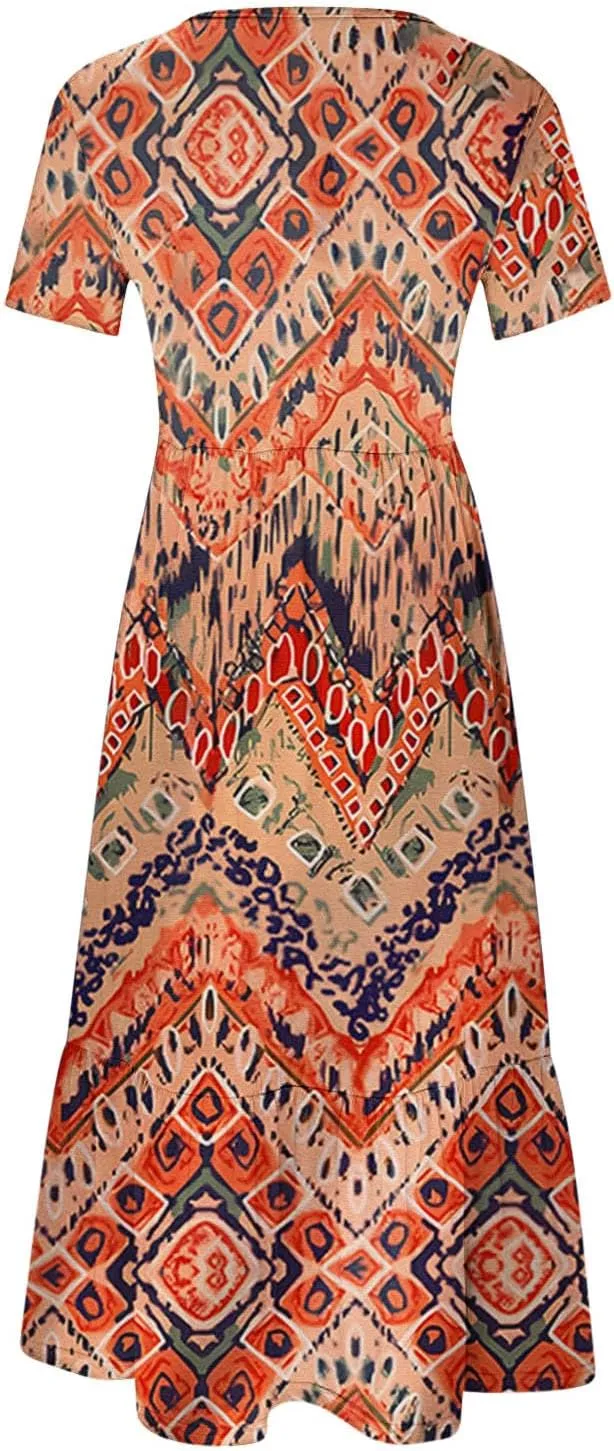 Dresses for Women Summer 2025 Casual Short Sleeve Tie-Dye Midi Sundress Flowy Long T-Shirts Dress with Pockets