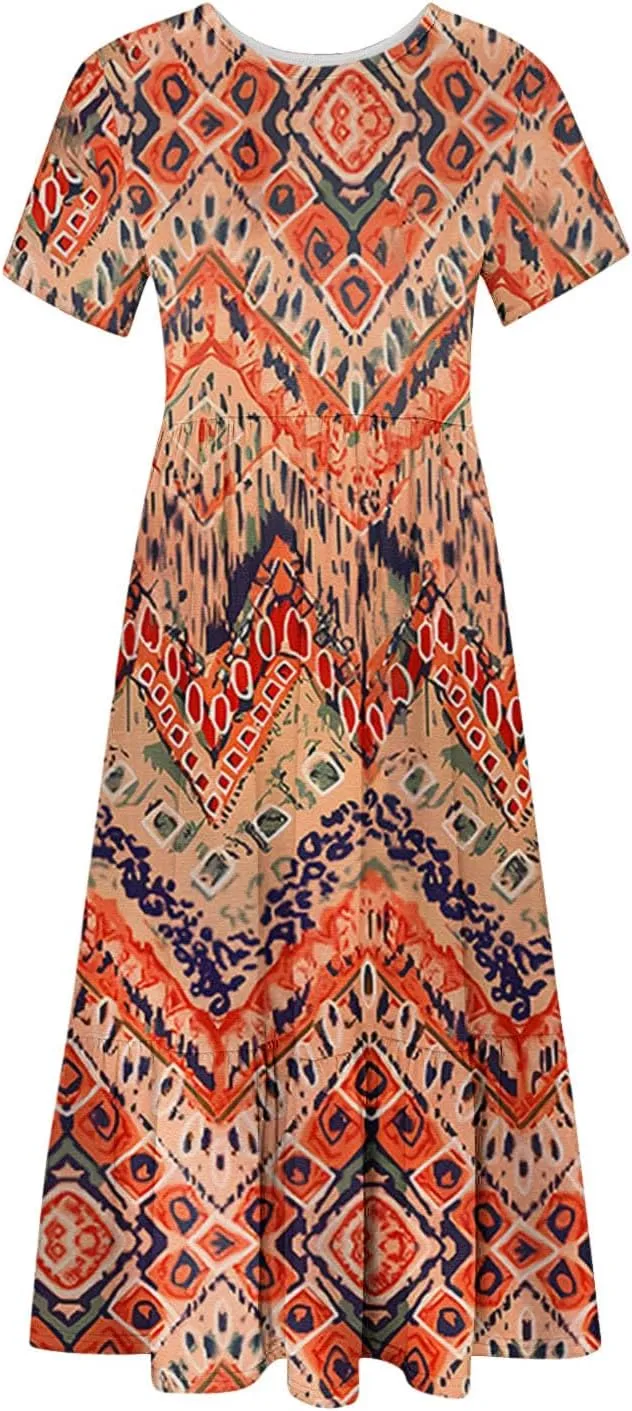 Dresses for Women Summer 2025 Casual Short Sleeve Tie-Dye Midi Sundress Flowy Long T-Shirts Dress with Pockets