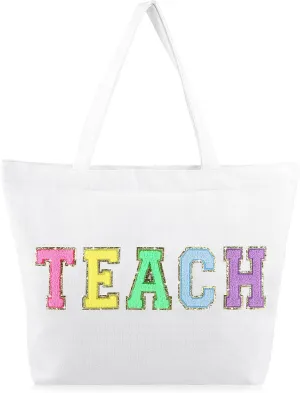 Dripykiaa Teacher Appreciation Gifts Teacher Gifts Tote Bag Canvas Chenille Letter Patches with Zipper Pocket