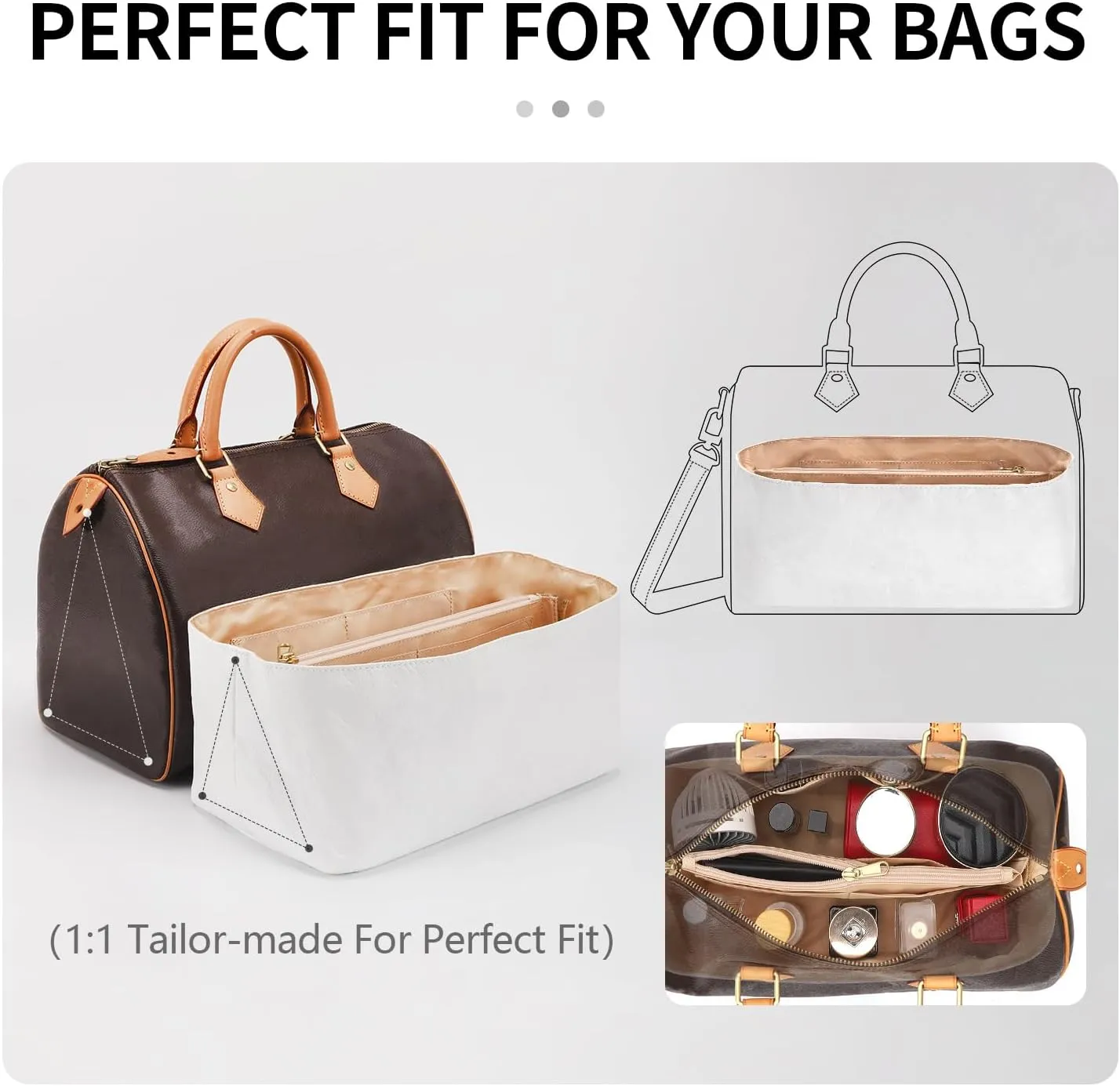 Dupontpaper Purse Organizer Insert Compatible with LV Speedy 30, Lightweight Tote Bag Organizer Insert with Zip and Pockets, (White, 30)