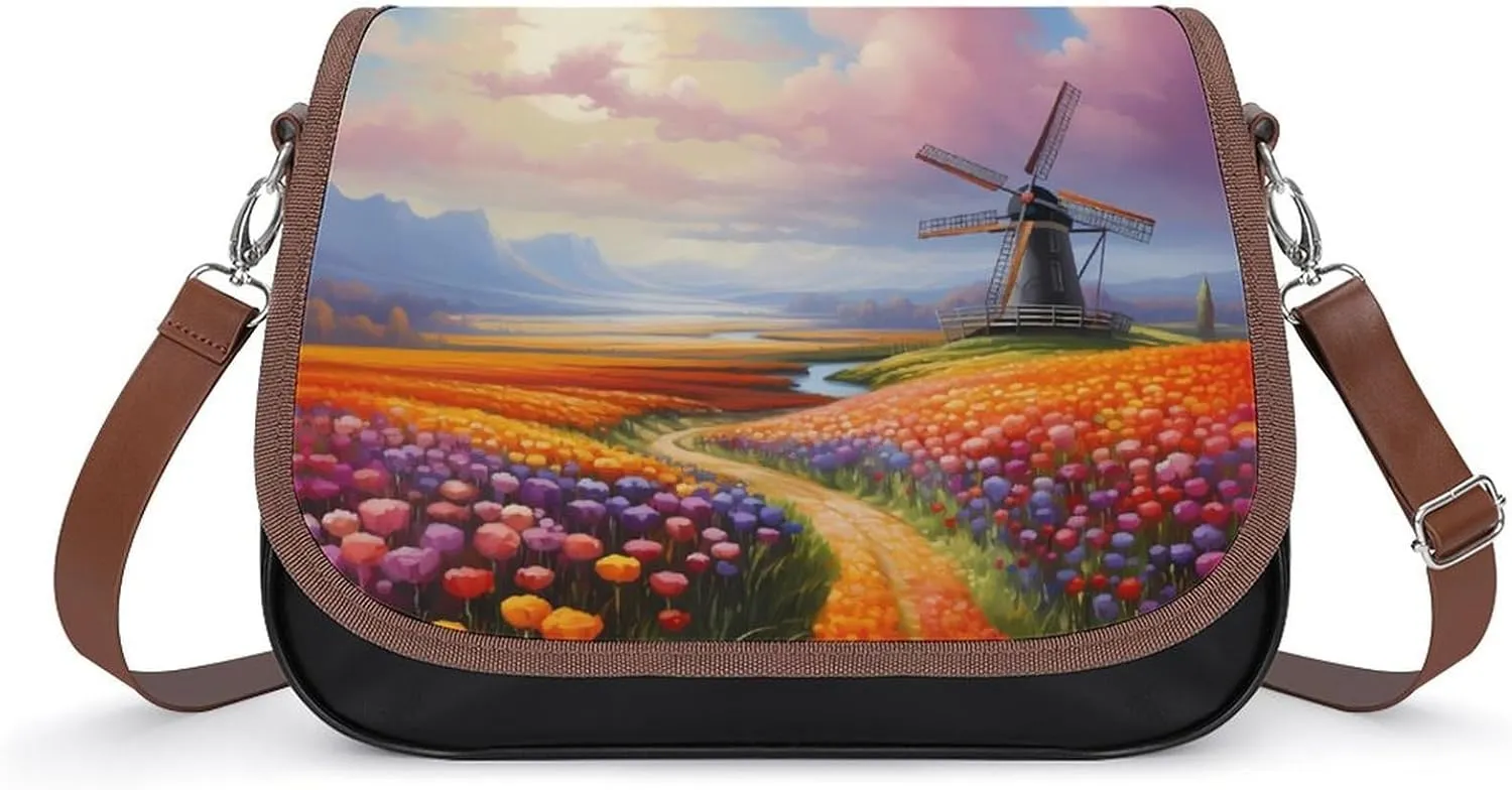 Dutch Windmills Tulips Women's Crossbody Bags PU Leather Bag Handbags Mini Shoulder Bag Messenger Bag