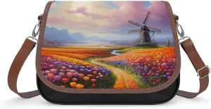 Dutch Windmills Tulips Women's Crossbody Bags PU Leather Bag Handbags Mini Shoulder Bag Messenger Bag