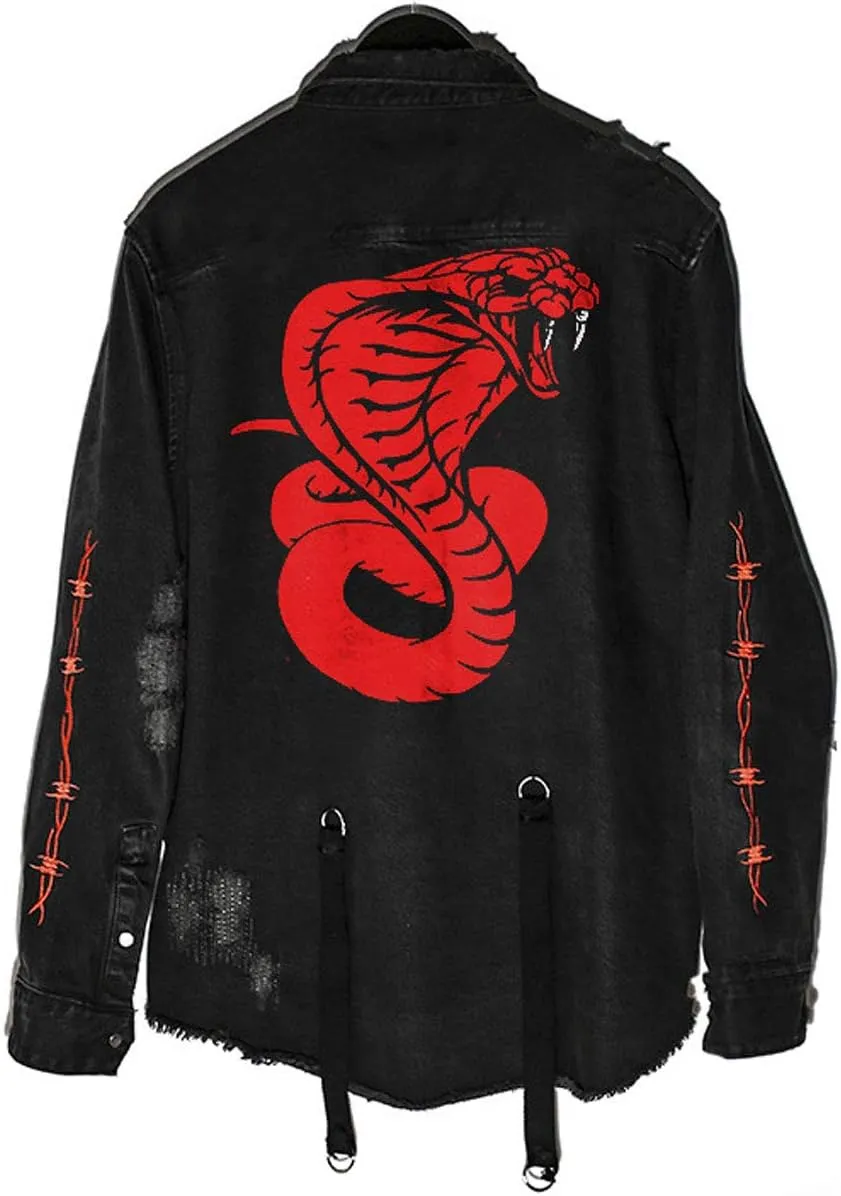 ebossy Men's Skull/Cobra Print Hipster Hip-Hop Distressed Frayed Denim Jean Jacket
