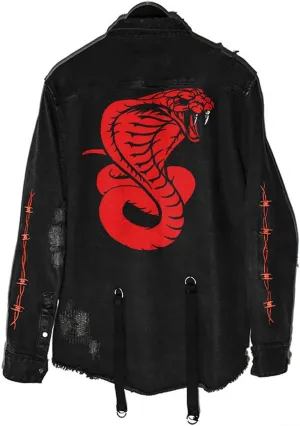 ebossy Men's Skull/Cobra Print Hipster Hip-Hop Distressed Frayed Denim Jean Jacket