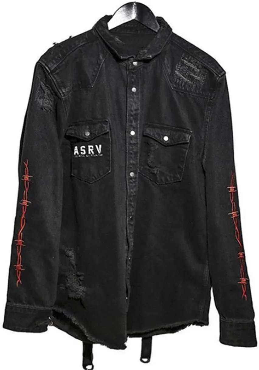 ebossy Men's Skull/Cobra Print Hipster Hip-Hop Distressed Frayed Denim Jean Jacket