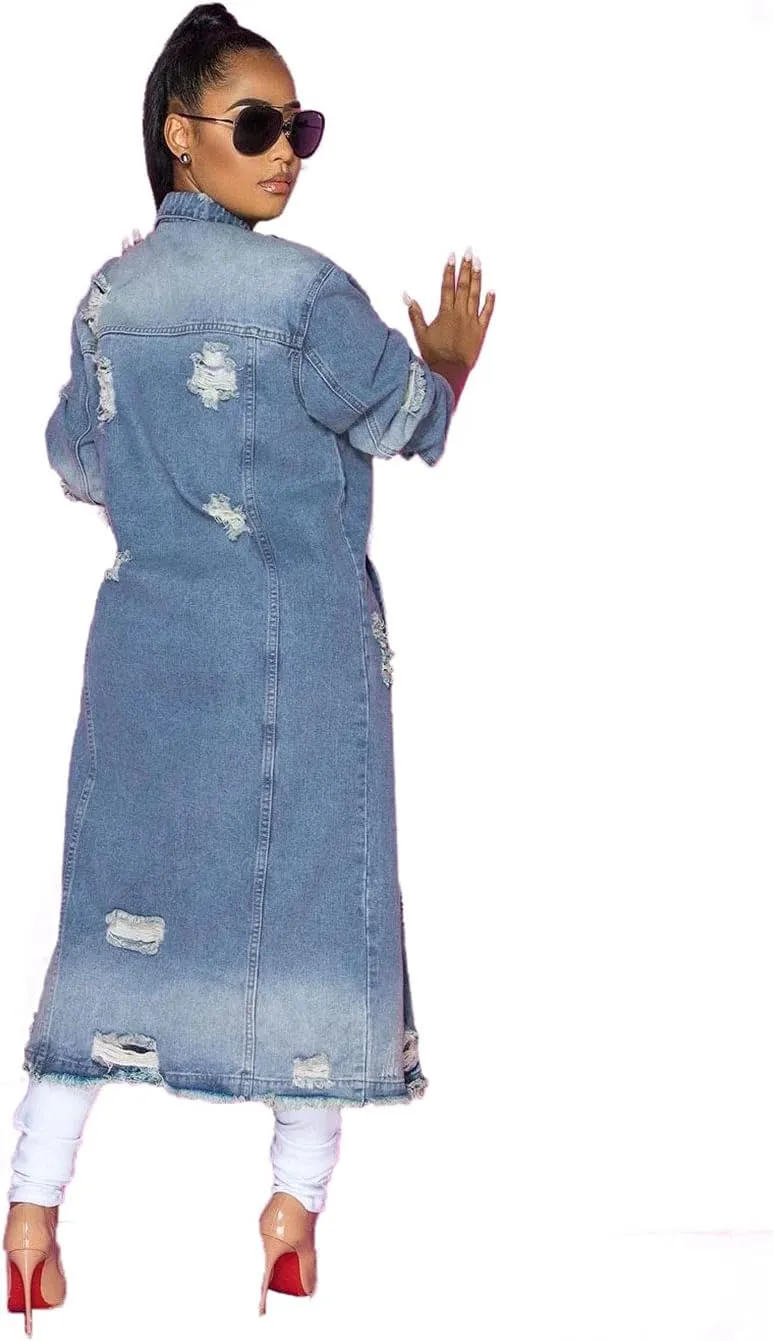 ebossy Women's Ripped Out Distressed Washed Long Blue Denim Jacket Trench Coat