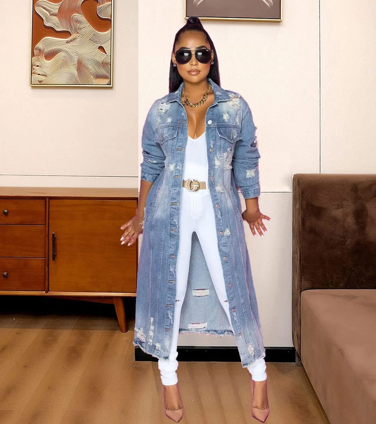 ebossy Women's Ripped Out Distressed Washed Long Blue Denim Jacket Trench Coat