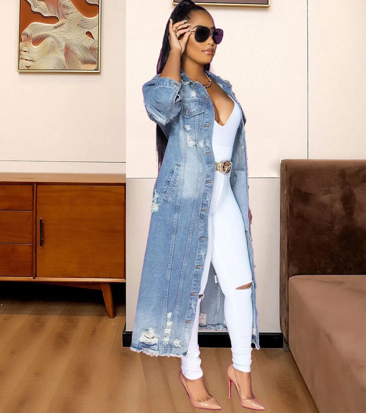 ebossy Women's Ripped Out Distressed Washed Long Blue Denim Jacket Trench Coat