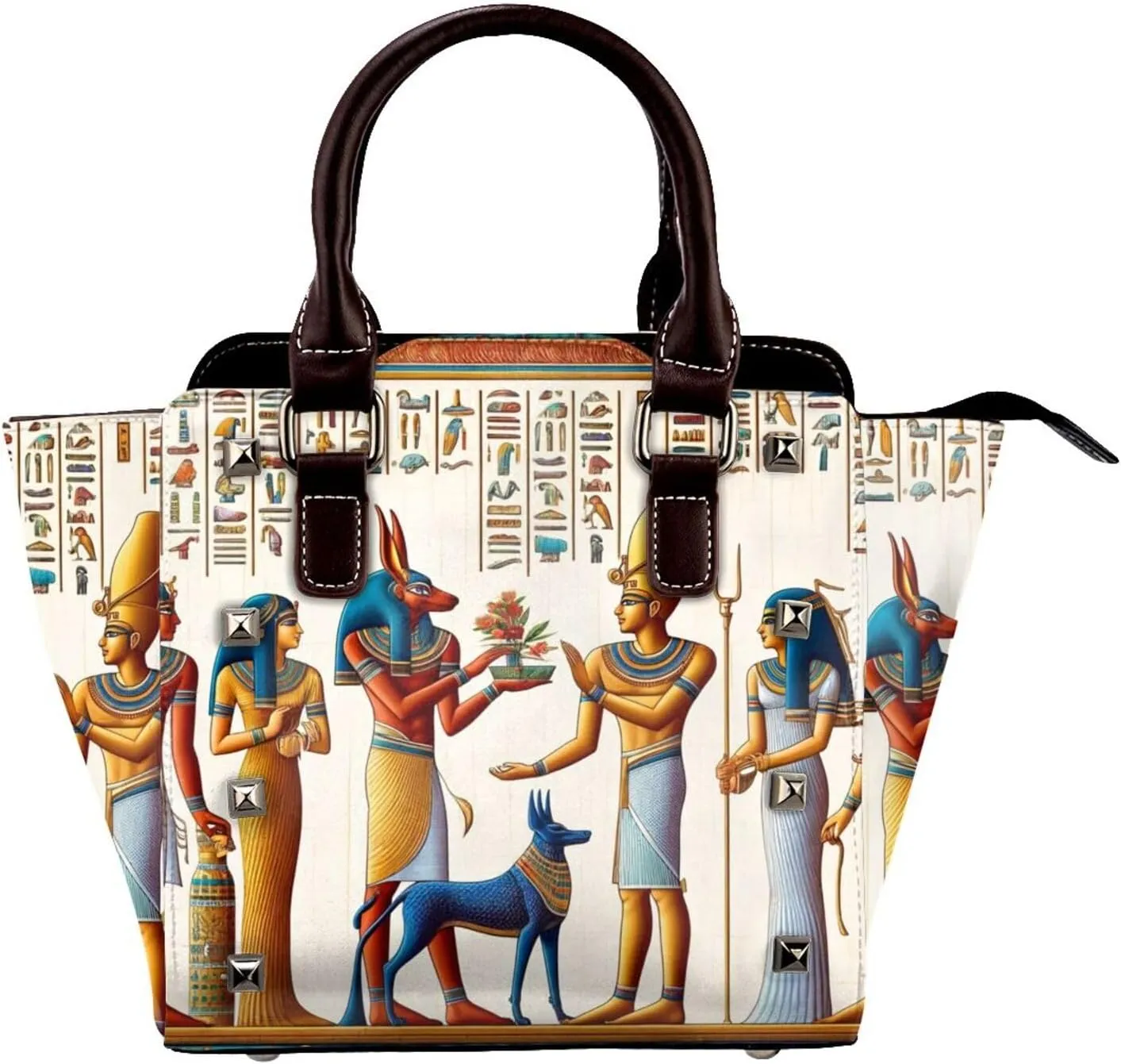 Egyptian-Retro-Hieroglyph Pu Leather Crossbody Studded Bag, Fashionable Shoulder Handbag With Detachable Shoulder Strap