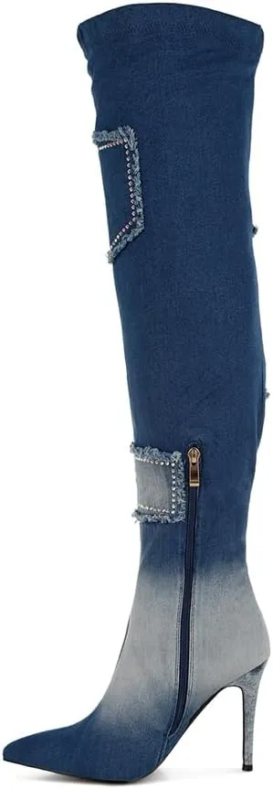Eilish Rhinestones Knee High Denim Boots