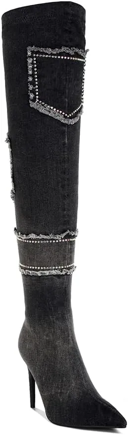 Eilish Rhinestones Knee High Denim Boots