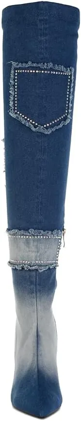 Eilish Rhinestones Knee High Denim Boots