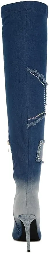 Eilish Rhinestones Knee High Denim Boots