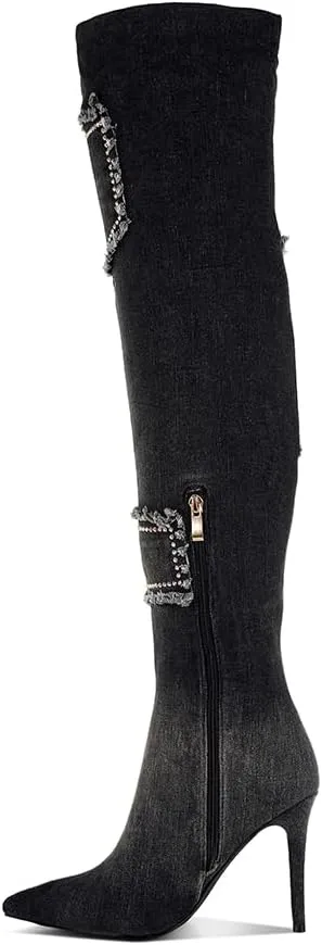 Eilish Rhinestones Knee High Denim Boots