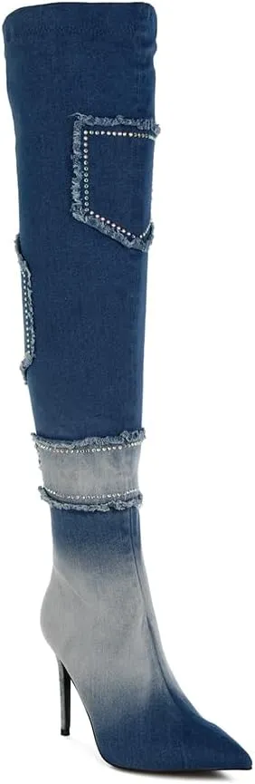 Eilish Rhinestones Knee High Denim Boots