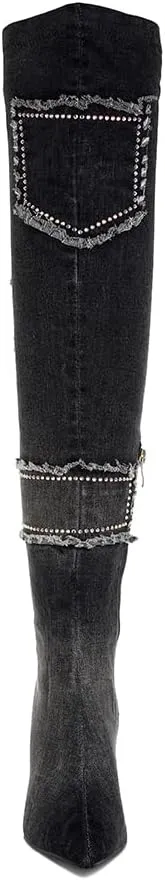 Eilish Rhinestones Knee High Denim Boots