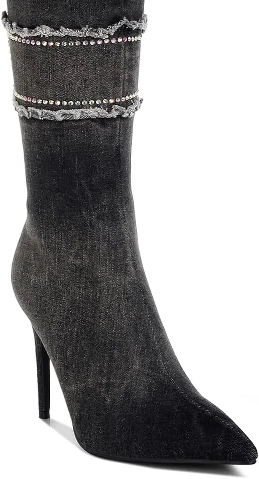 Eilish Rhinestones Knee High Denim Boots