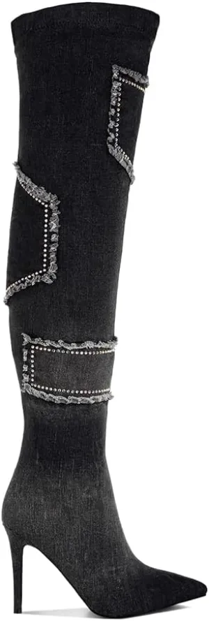 Eilish Rhinestones Knee High Denim Boots