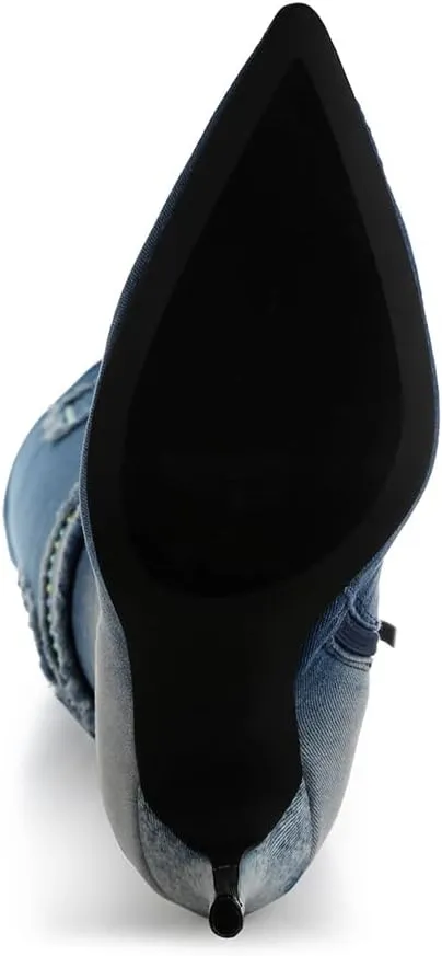 Eilish Rhinestones Knee High Denim Boots