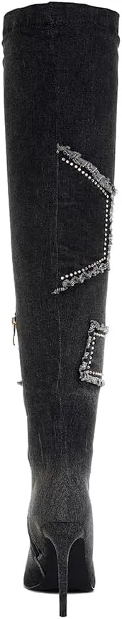 Eilish Rhinestones Knee High Denim Boots