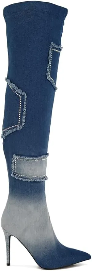 Eilish Rhinestones Knee High Denim Boots