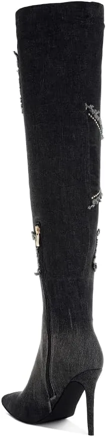 Eilish Rhinestones Knee High Denim Boots