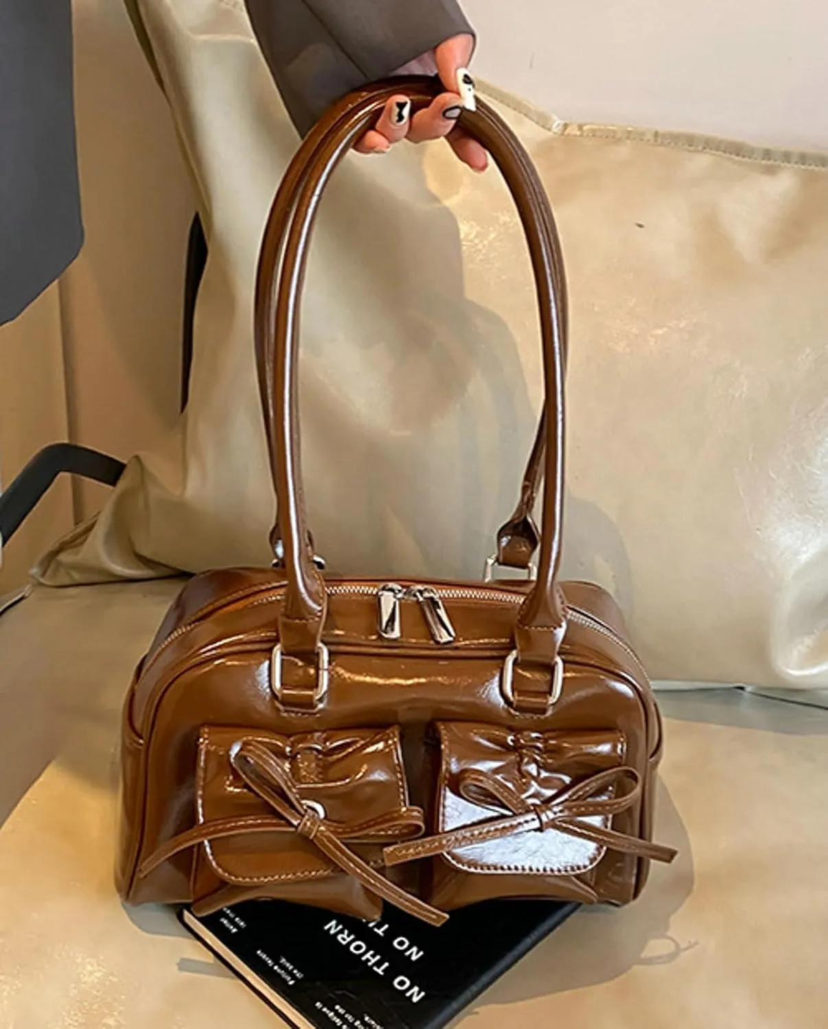 Elegant Bow Shoulder Tote Bag Women Stylish Crossbody Handbag Front Pockets Daily Commute Shopping