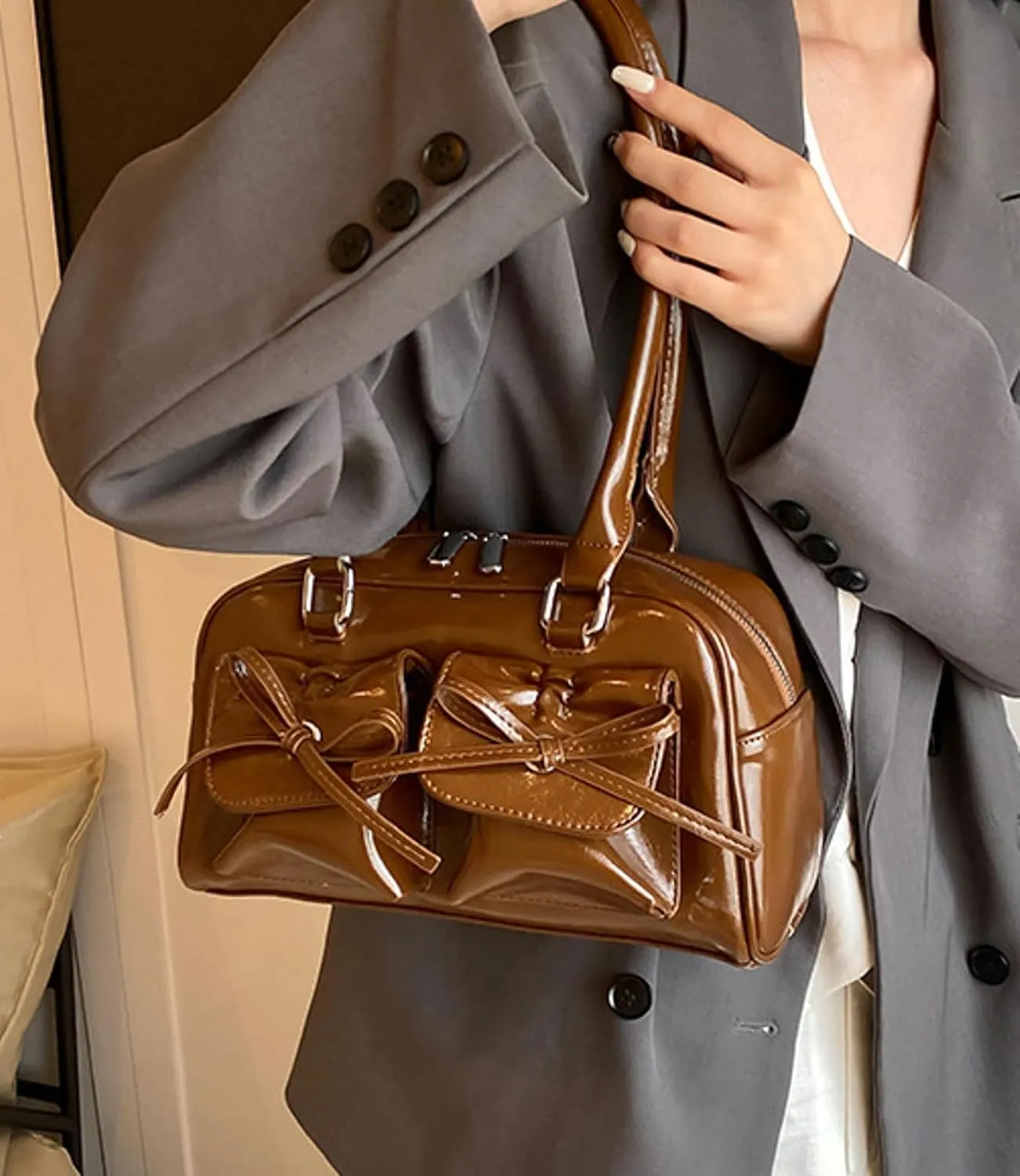 Elegant Bow Shoulder Tote Bag Women Stylish Crossbody Handbag Front Pockets Daily Commute Shopping