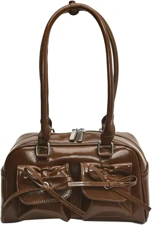 Elegant Bow Shoulder Tote Bag Women Stylish Crossbody Handbag Front Pockets Daily Commute Shopping