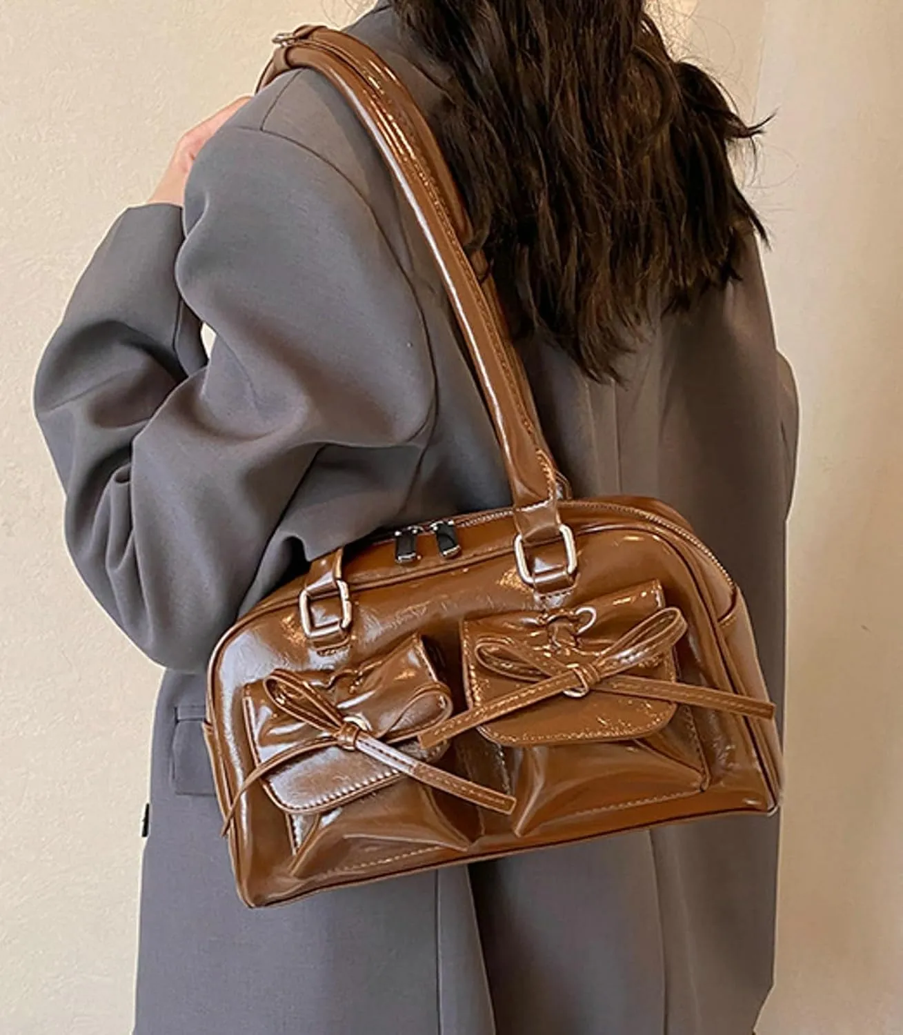 Elegant Bow Shoulder Tote Bag Women Stylish Crossbody Handbag Front Pockets Daily Commute Shopping