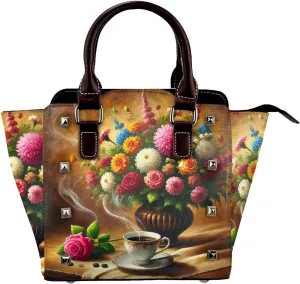 Elegant-Floral-Coffee-Moments Pu Leather Crossbody Studded Bag, Fashionable Shoulder Handbag With Detachable Shoulder Strap