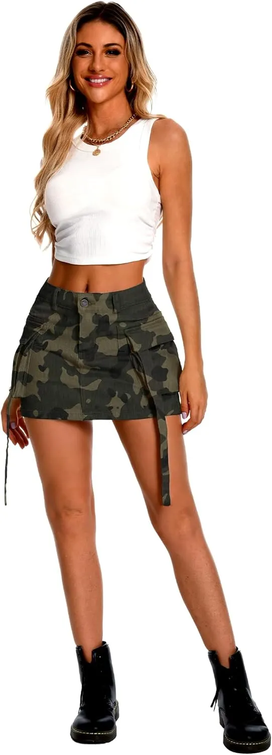 ELLEVEN High Stretch Denim Cargo Skirt for Women, Low Waist Y2k Mini Jean Skirt Cute Skirt with Pockets