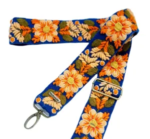 Embroidered bag strap, camera strap, adjustable bag, shoulder bag, peruvian handmade, blue belt, orange flower, ethnic, boho, gift for her