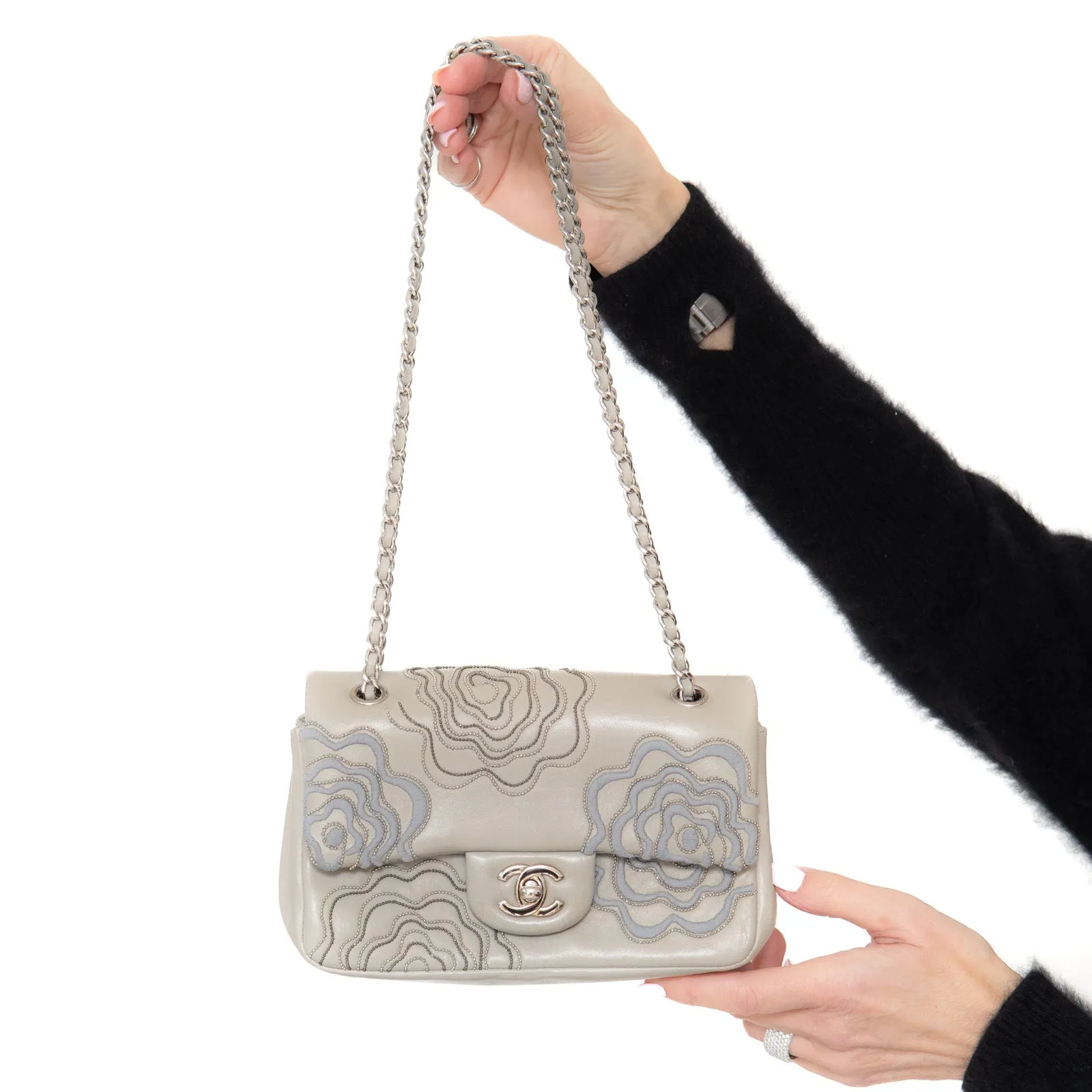 Embroidered Follies Mega sale Flap Grey Hurry, limited slots Bag Chanel Small Camellia