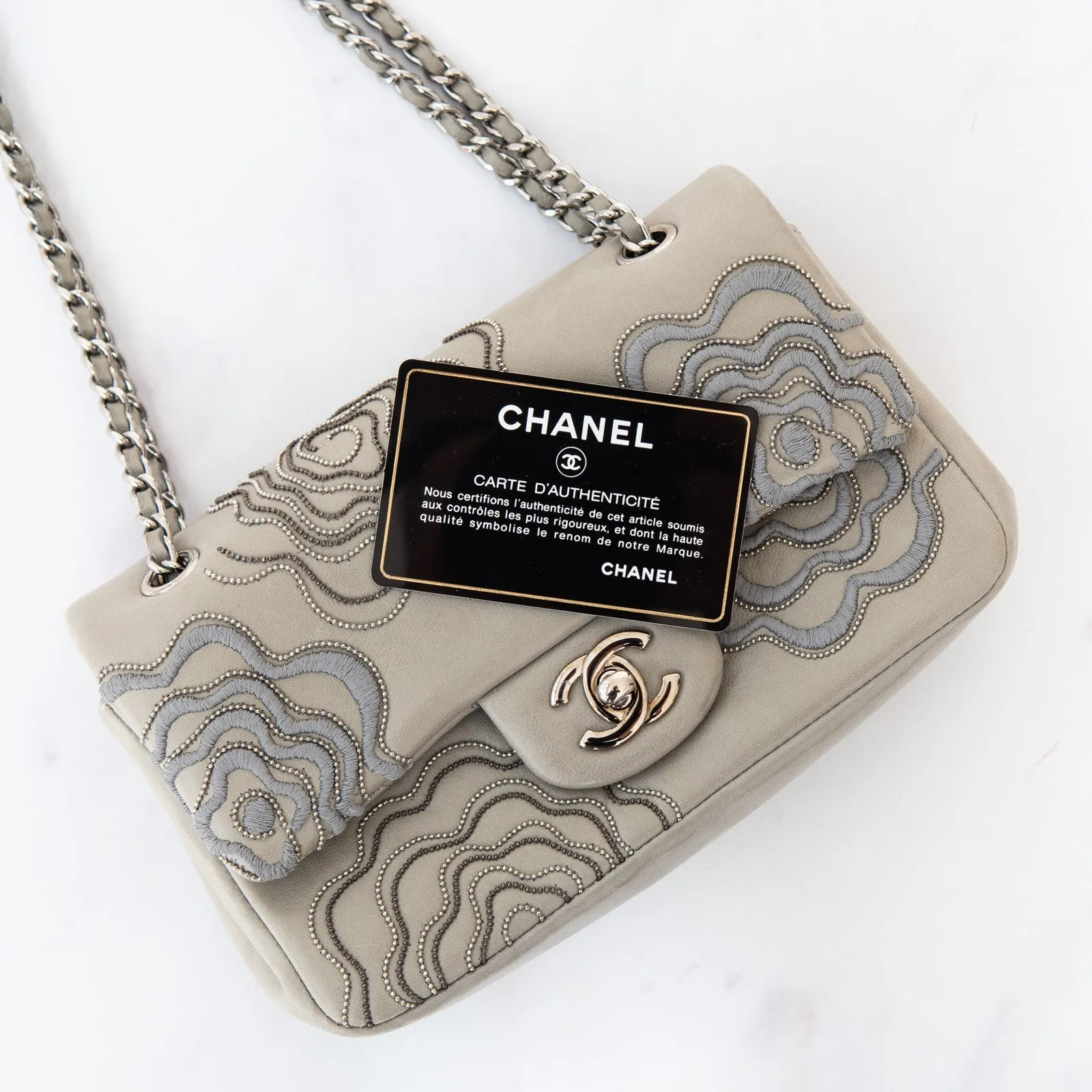 Embroidered Follies Mega sale Flap Grey Hurry, limited slots Bag Chanel Small Camellia