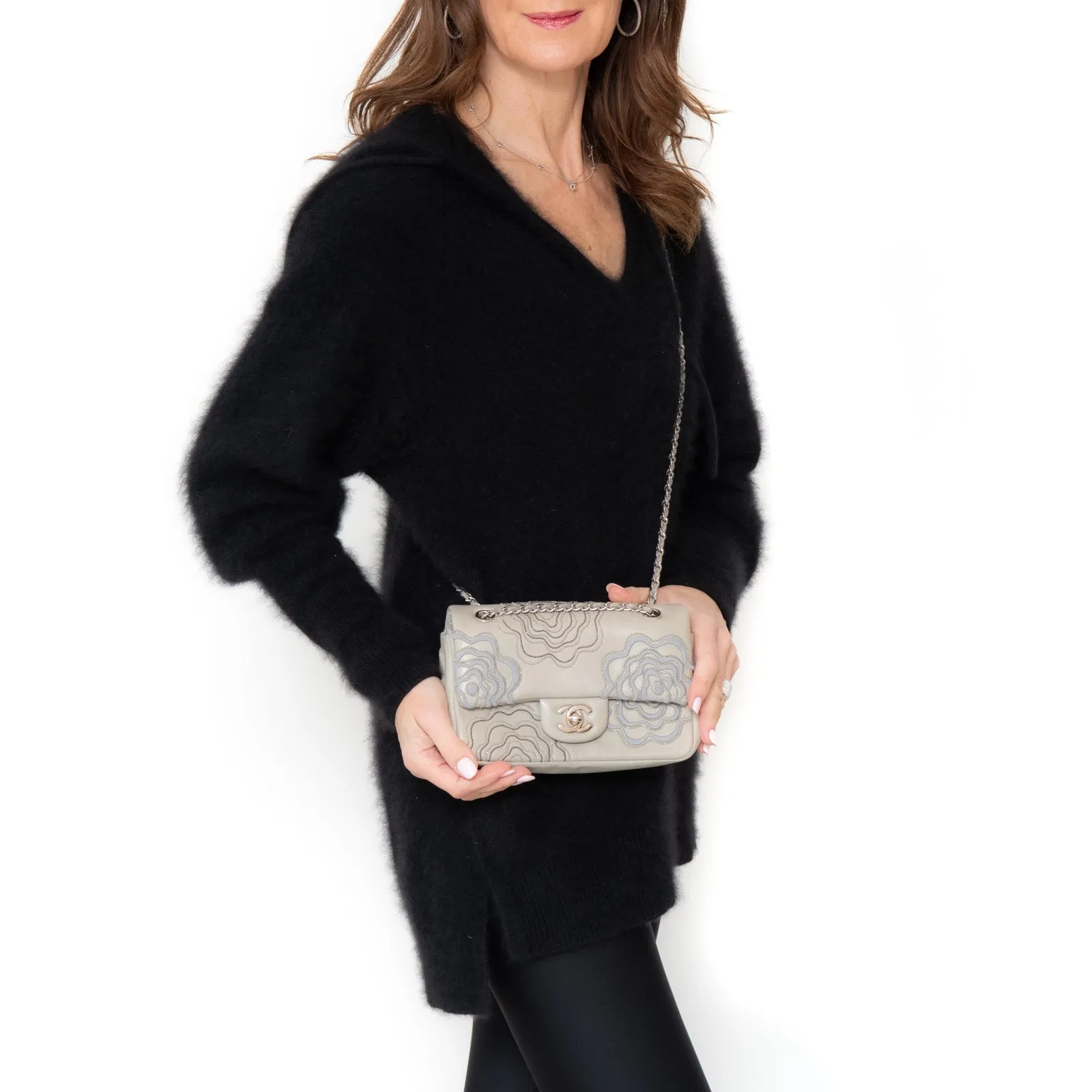 Embroidered Follies Mega sale Flap Grey Hurry, limited slots Bag Chanel Small Camellia