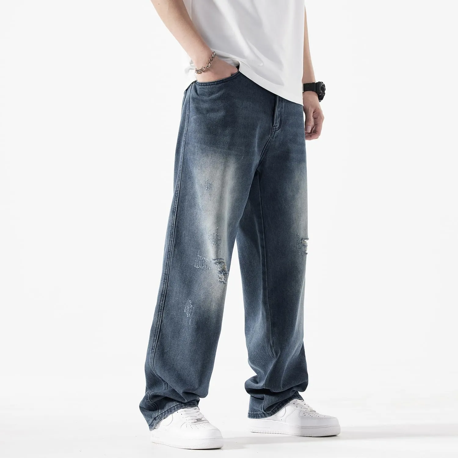 EnllerviiD Men's Baggy Denim Jeans Loose Fit Ripped Distressed Jean Hip Hop Vintage Skater Dance Pants Streetwear