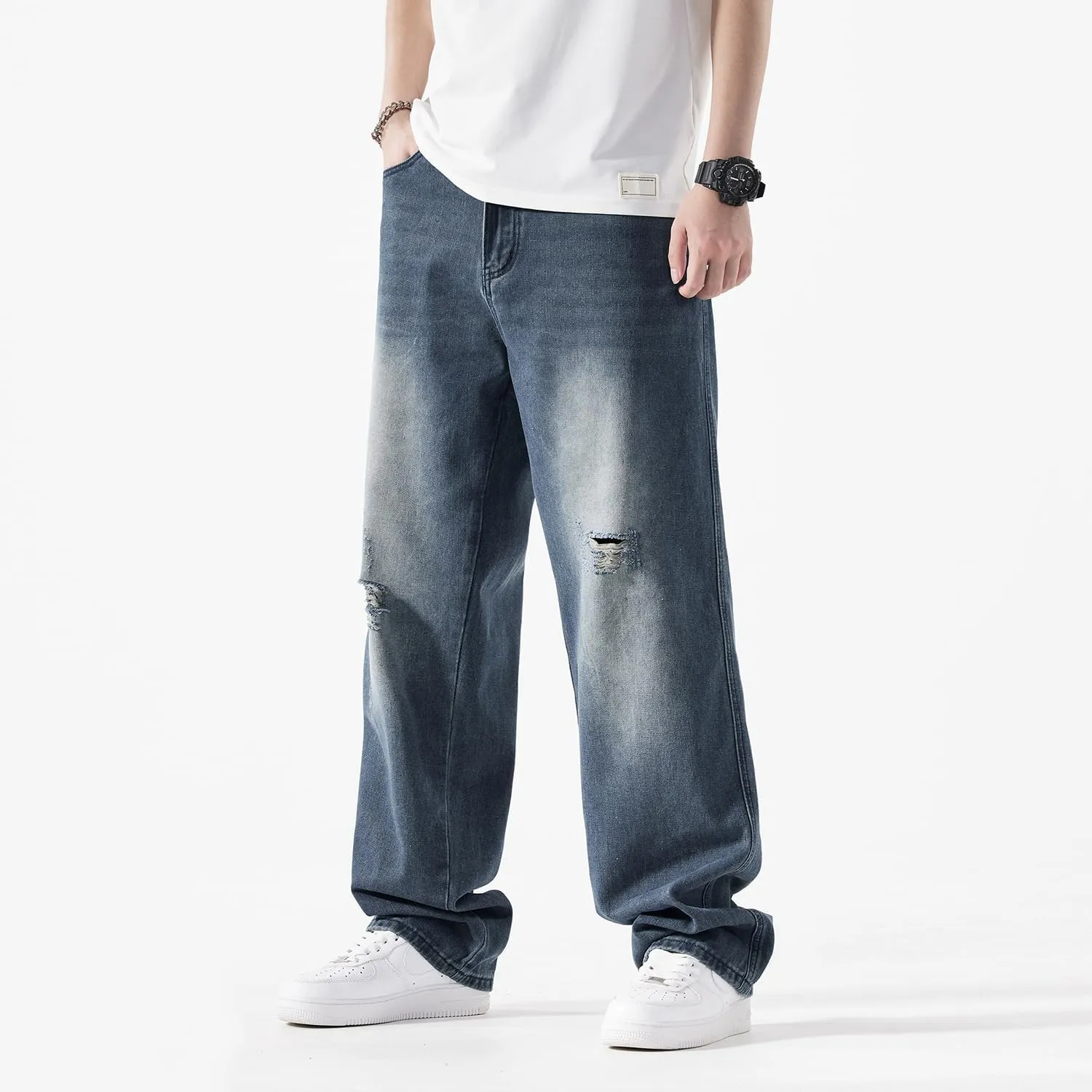 EnllerviiD Men's Baggy Denim Jeans Loose Fit Ripped Distressed Jean Hip Hop Vintage Skater Dance Pants Streetwear