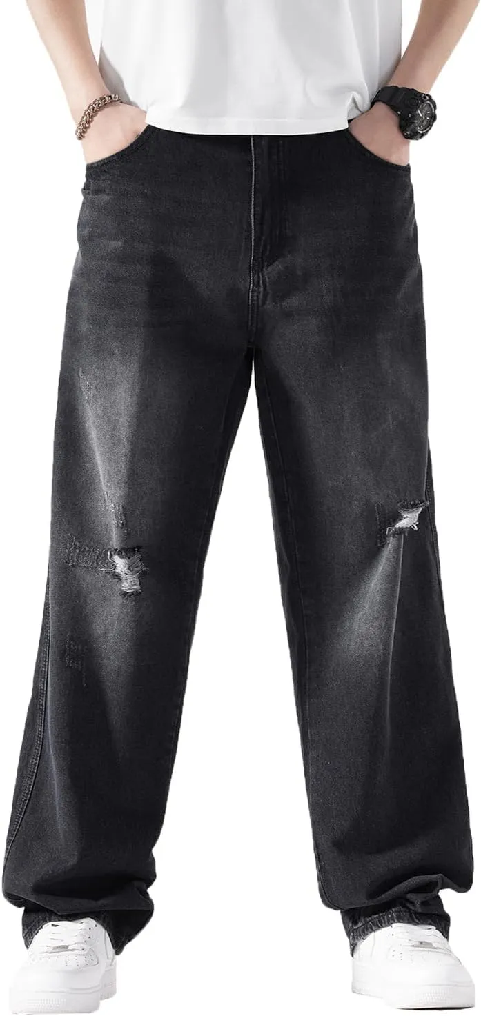 EnllerviiD Men's Baggy Denim Jeans Loose Fit Ripped Distressed Jean Hip Hop Vintage Skater Dance Pants Streetwear