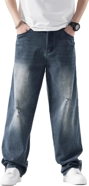 EnllerviiD Men's Baggy Denim Jeans Loose Fit Ripped Distressed Jean Hip Hop Vintage Skater Dance Pants Streetwear