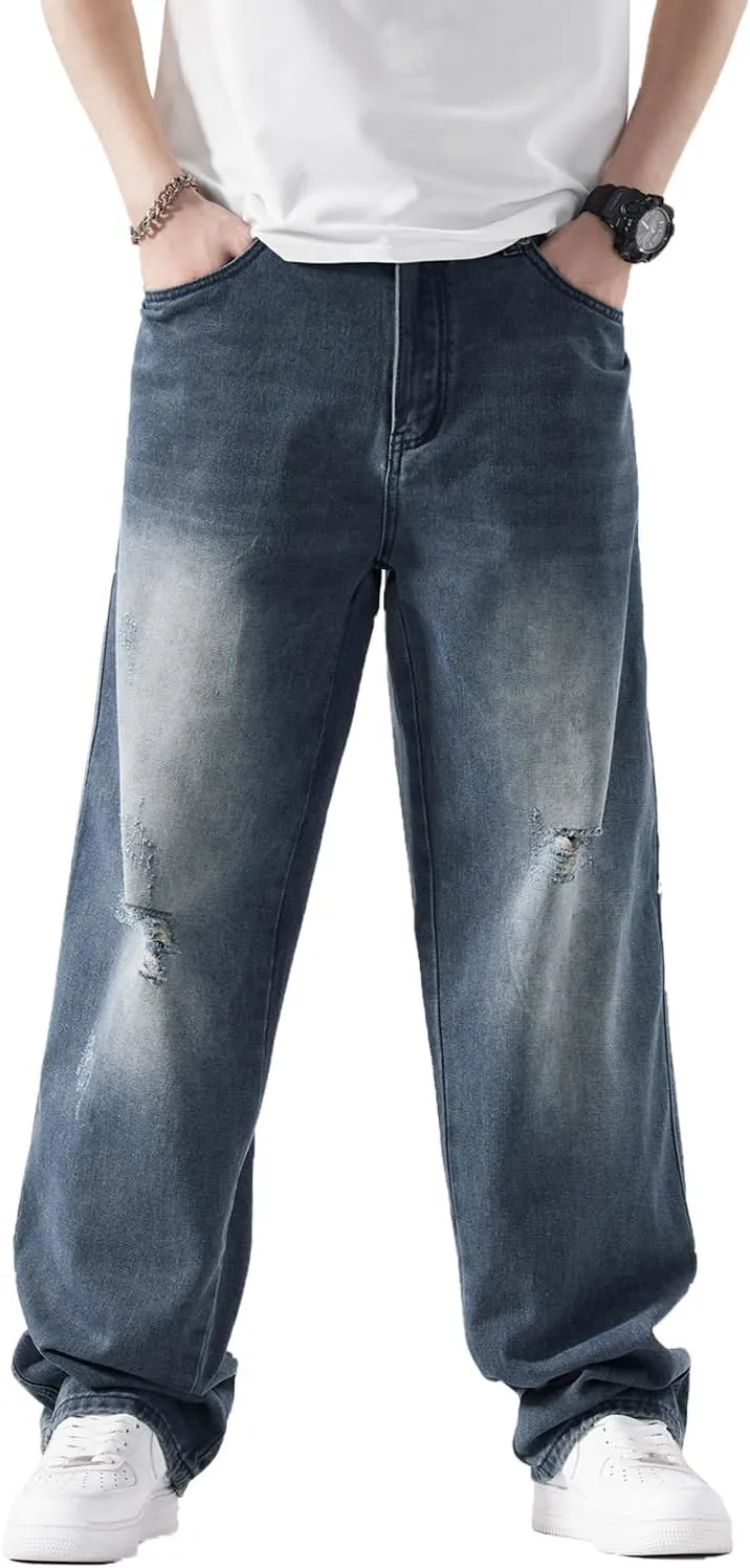 EnllerviiD Men's Baggy Denim Jeans Loose Fit Ripped Distressed Jean Hip Hop Vintage Skater Dance Pants Streetwear