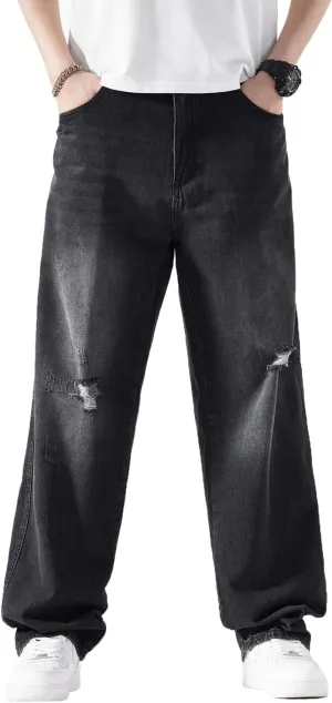 EnllerviiD Men's Baggy Denim Jeans Loose Fit Ripped Distressed Jean Hip Hop Vintage Skater Dance Pants Streetwear