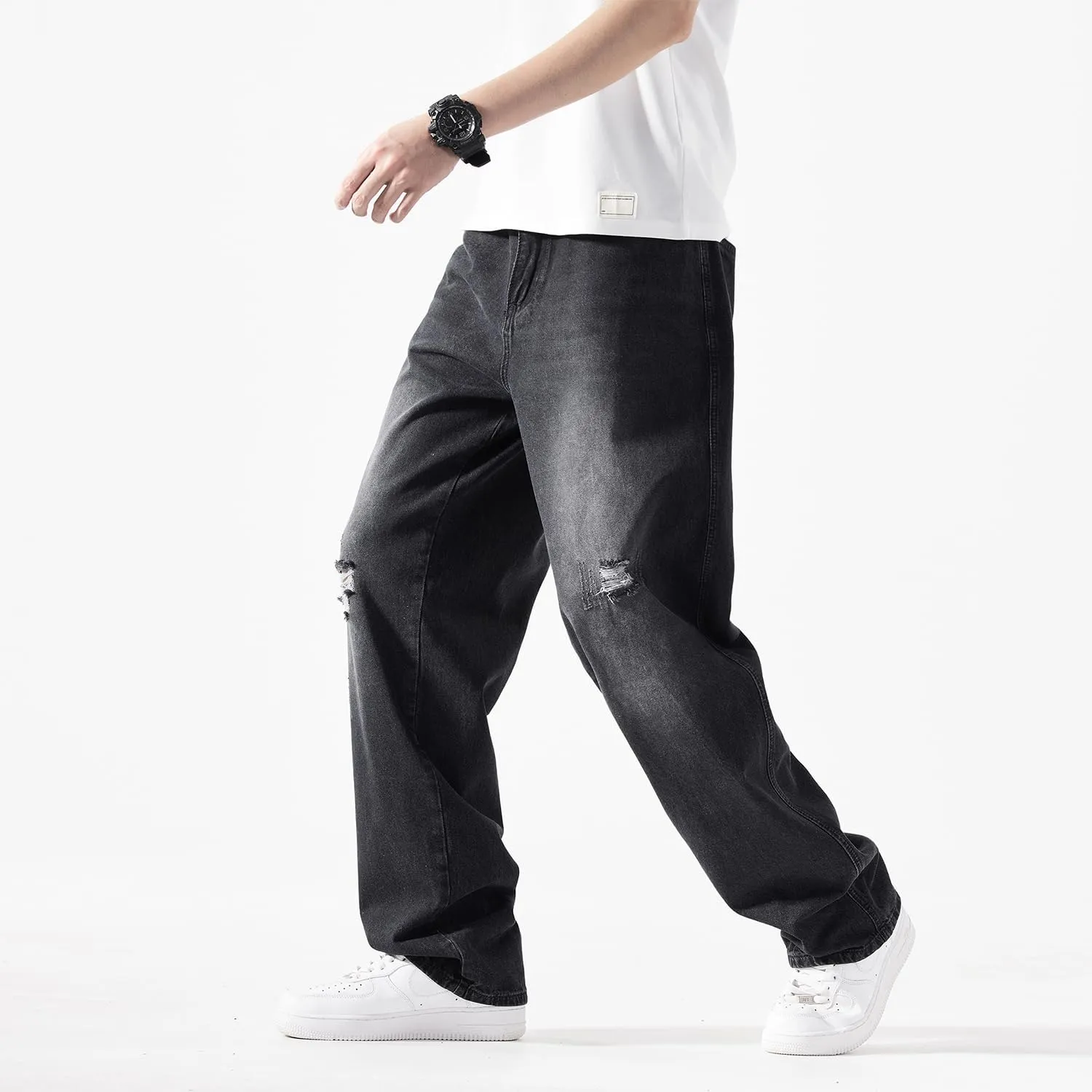 EnllerviiD Men's Baggy Denim Jeans Loose Fit Ripped Distressed Jean Hip Hop Vintage Skater Dance Pants Streetwear
