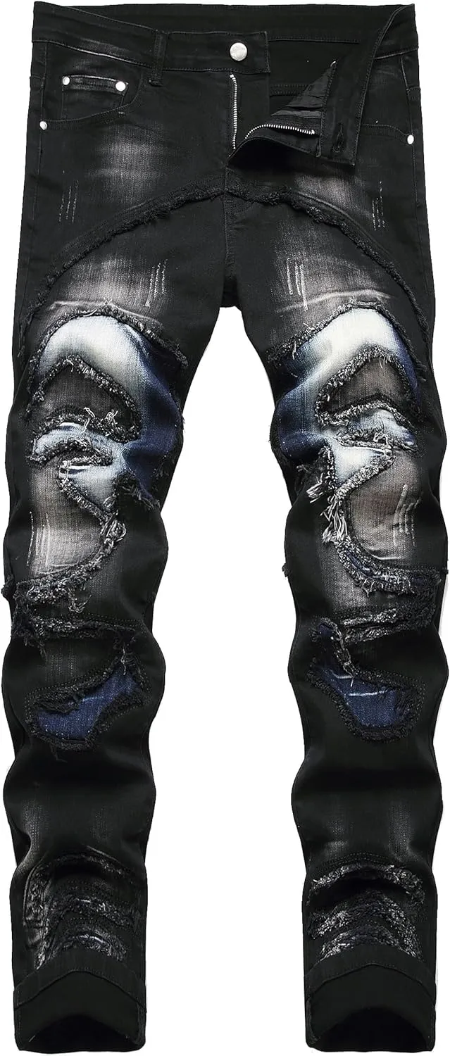 Enrica Men's Ripped Distressed Destroyed Straight Fit Washed Denim Jeans