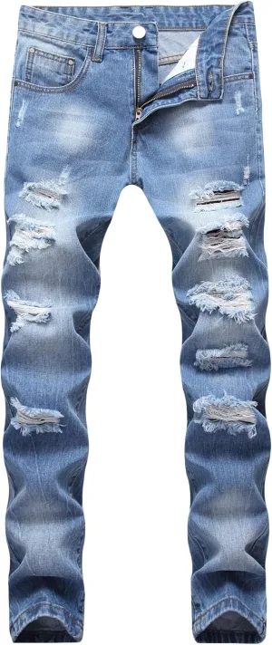 Enrica Men's Ripped Distressed Destroyed Straight Fit Washed Denim Jeans