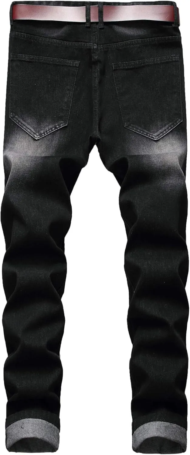 Enrica Men's Ripped Distressed Destroyed Straight Fit Washed Denim Jeans
