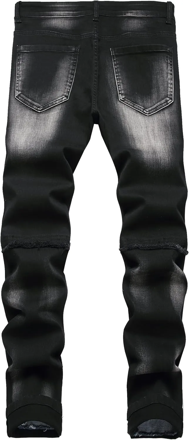 Enrica Men's Ripped Distressed Destroyed Straight Fit Washed Denim Jeans