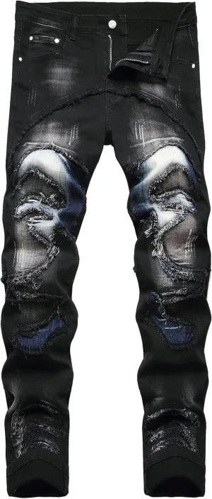 Enrica Men's Ripped Distressed Destroyed Straight Fit Washed Denim Jeans