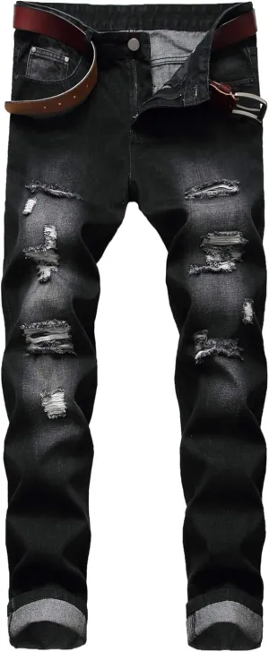 Enrica Men's Ripped Distressed Destroyed Straight Fit Washed Denim Jeans