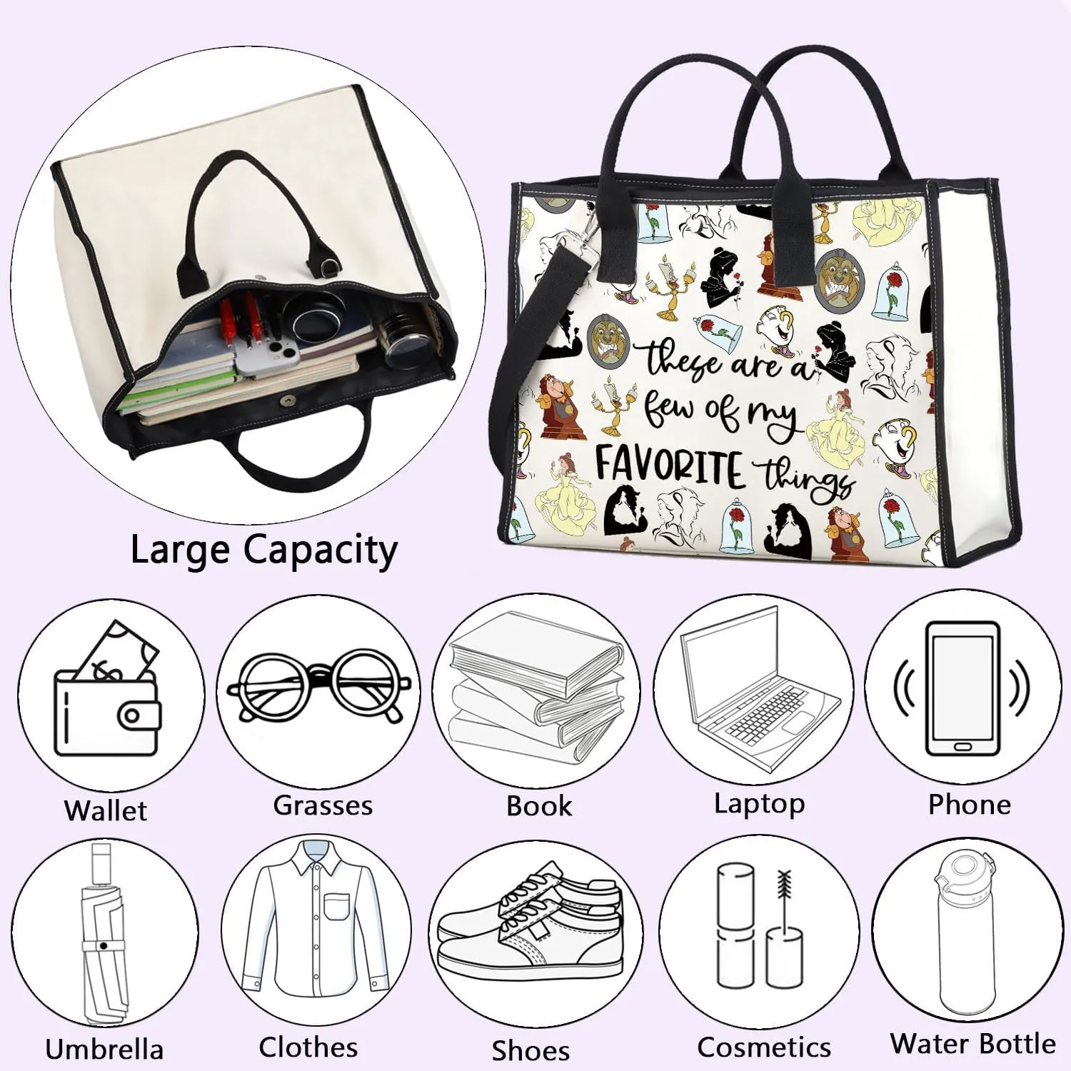 ENSIANTH Beauty Inspired Shoulder Bag Belle Princess Lover - Fairy Tales - A Tale as Old as Time-Family Trip -Beast Tote Bag